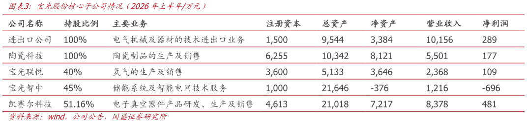想关注一下宝光股份核心子公司情况（2026年上半年万元）