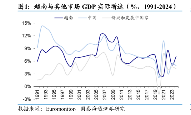 咨询下各位越南与其他市场 GDP 实际增速（%，1991-2024）