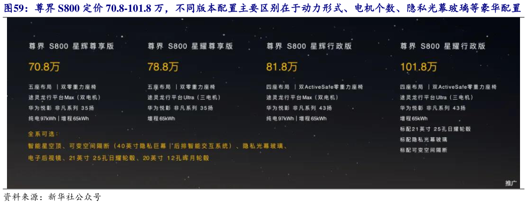 咨询大家尊界 S800 定价 70.8-101.8 万，不同版本配置主要区别在于动力形式、电机个数、隐私光幕玻璃等豪华配置