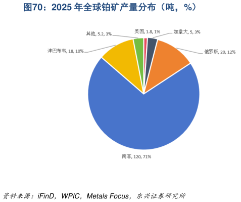 如何看待2025 年全球铂矿产量分布（吨，%）