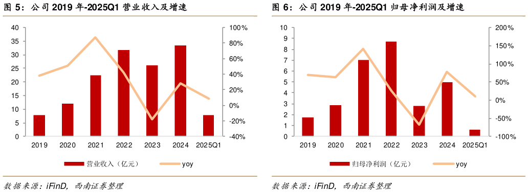 谁知道公司 2019 年-2025Q1 营业收入及增速 公司 2019 年-2025Q1 归母净利润及增速