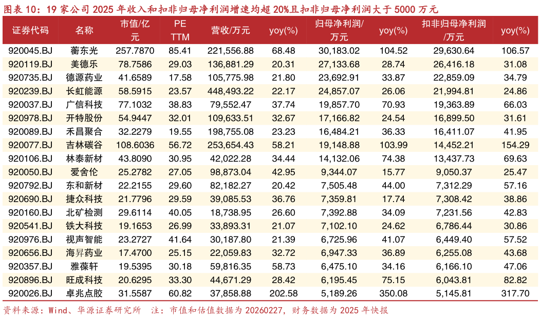 我想了解一下19 家公司 2025 年收入和扣非归母净利润增速均超 20%且扣非归母净利润大于 5000 万元