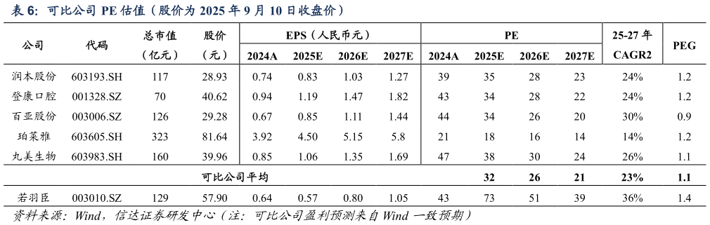 如何解释可比公司 PE 估值（股价为 2025 年 9 月 10 日收盘价）