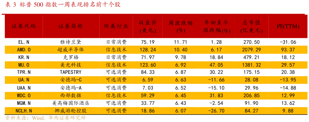 我想了解一下标普 500 指数一周表现排名前十个股