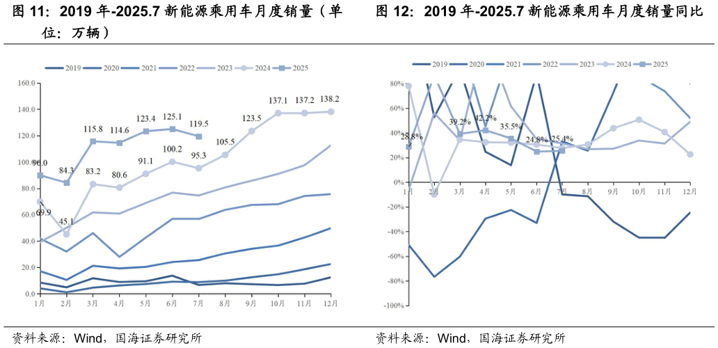 怎样理解2019 年-2025.7 新能源乘用车月度销量（单2019 年-2025.7 新能源乘用车月度销量同比