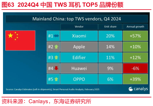我想了解一下2024Q4 中国 TWS 耳机 TOP5 品牌份额