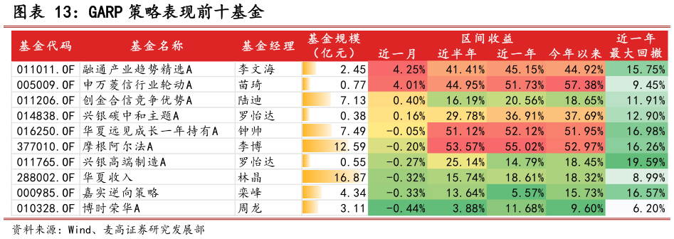 谁知道GARP 策略表现前十基金