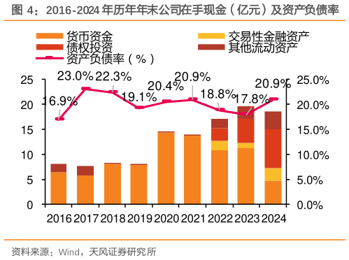 各位网友请教一下2016-2024 年历年年末公司在手现金（亿元）及资产负债率
