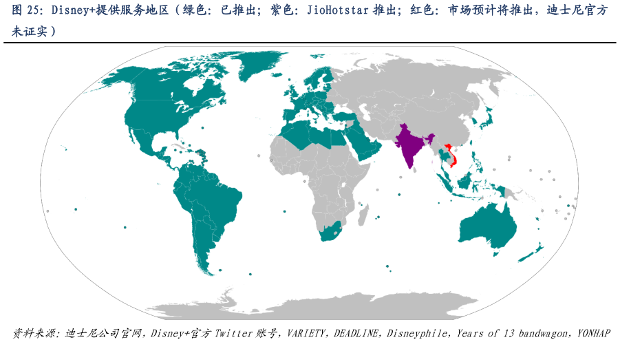 怎样理解Disney提供服务地区（绿色：已推出紫色：JioHotstar 推出红色：市场预计将推出，迪士尼官方