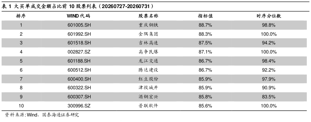 如何解释大买单成交金额占比前 10 股票列表（20260727-20260731）