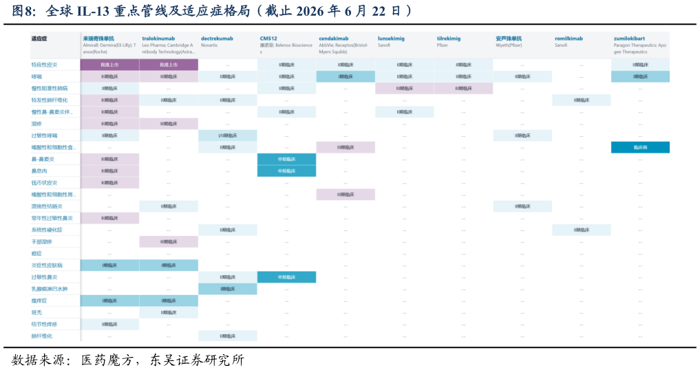 如何了解全球 IL-13 重点管线及适应症格局（截止 2026 年 6 月 22 日）