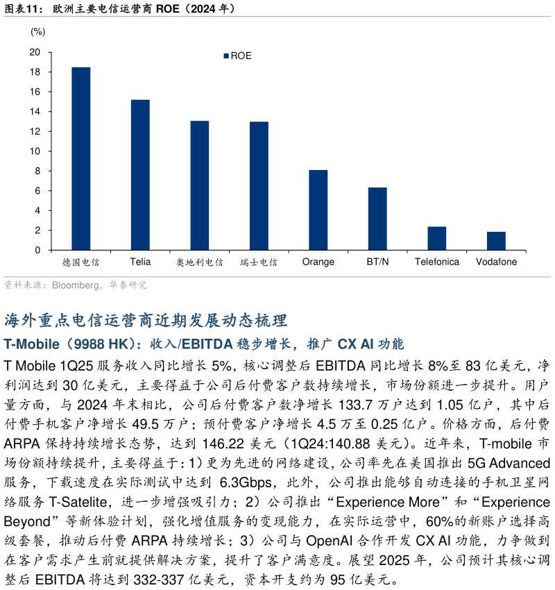 想关注一下欧洲主要电信运营商 ROE（2024 年）