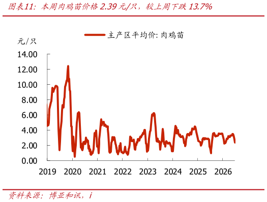 想关注一下本周肉鸡苗价格2.39元只，较上周下跌13.7%