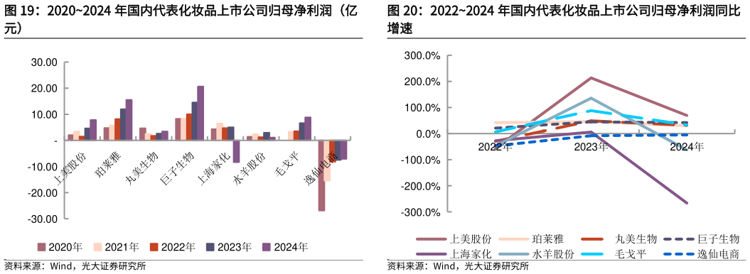 如何了解20202024 年国内代表化妆品上市公司归母净利润（亿 20222024 年国内代表化妆品上市公司归母净利润同比