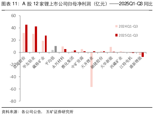 如何看待A 股 12 家锂上市公司归母净利润（亿元）2025Q1-Q3 同比     A 股 12 家锂上市公司归母净利润（亿元）2025Q3 同比