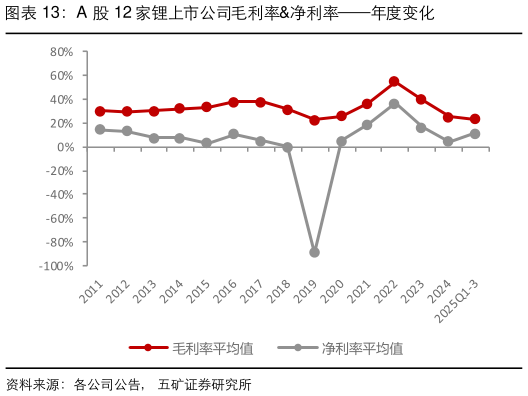 如何了解A 股 12 家锂上市公司毛利率净利率年度变化