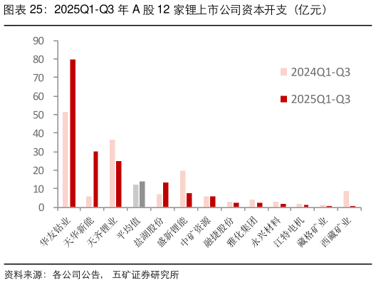 如何看待2025Q1-Q3 年 A 股 12 家锂上市公司资本开支（亿元）