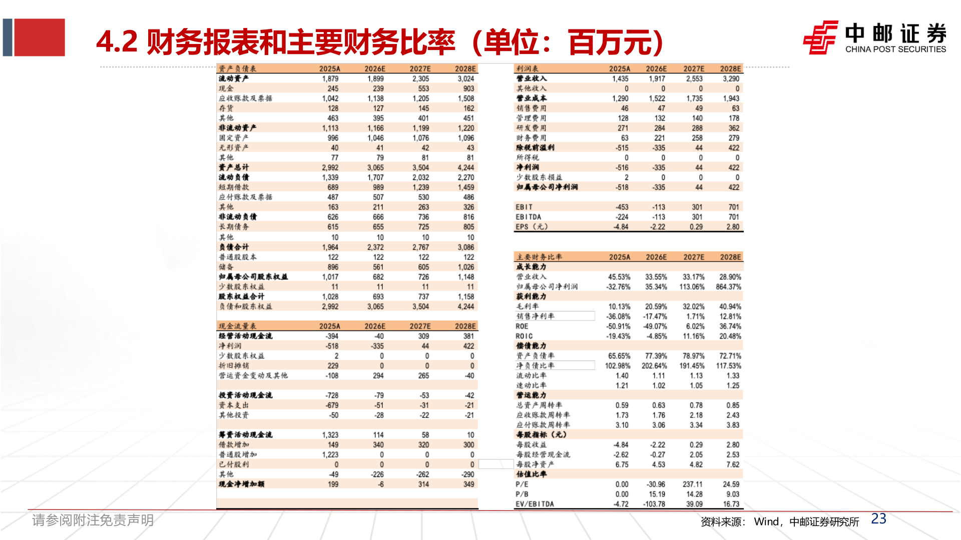 谁能回答4.2 财务报表和主要财务比率（单位：百万元）