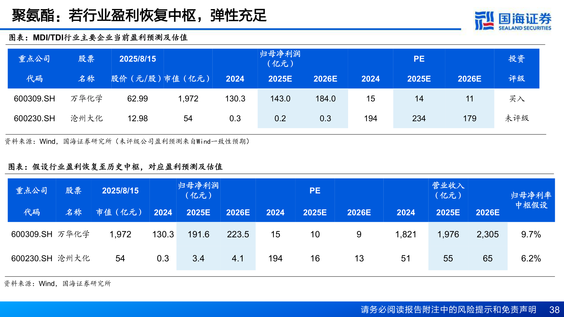 各位网友请教一下聚氨酯：若行业盈利恢复中枢，弹性充足