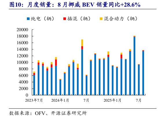 想关注一下月度销量：8 月挪威 BEV 销量同比28.6%