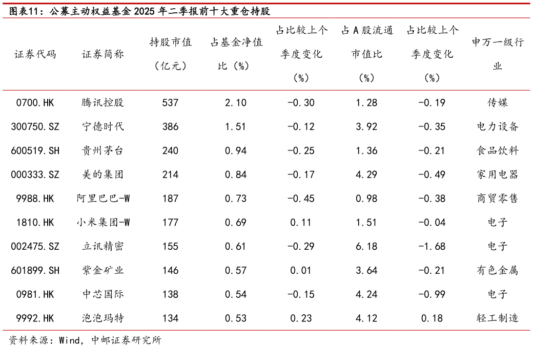 咨询大家公募主动权益基金 2025 年二季报前十大重仓持股