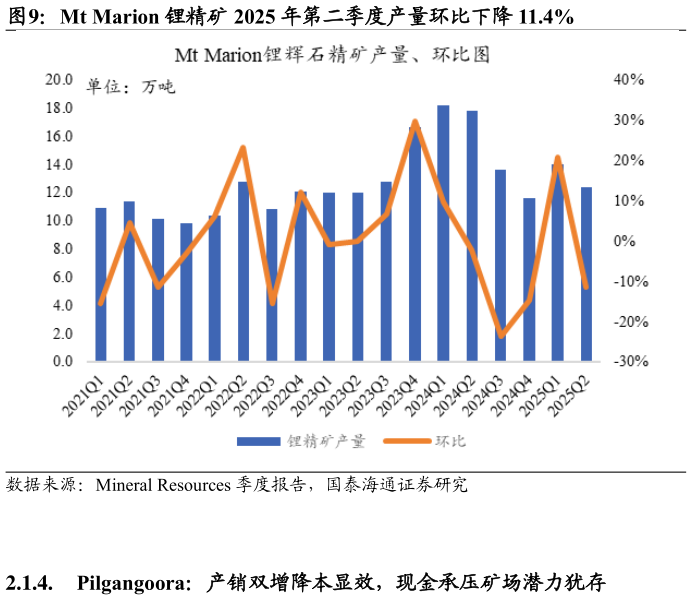 我想了解一下Mt Marion 锂精矿 2025 年第二季度产量环比下降 11.4%