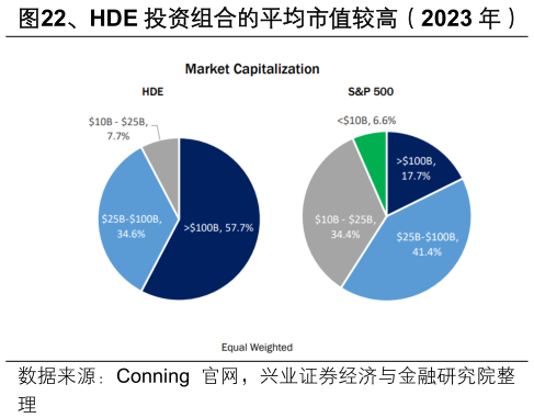 咨询大家、HDE 投资组合的平均市值较高（2023 年）