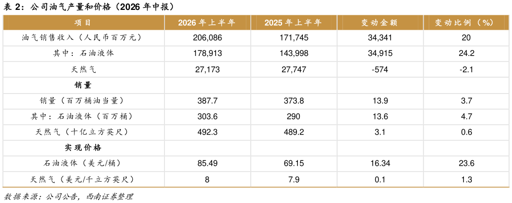 谁知道公司油气产量和价格（2026 年中报）