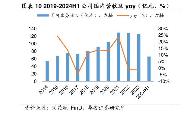 如何看待2019-2024H1 公司国内营收及 yoy（亿元，%）  2019-2024H1 公司国外营收及 yoy（亿元，%）