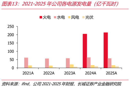 一起讨论下2021-2025年公司各电源发电量（亿千瓦时）    2025年公司各电源发电量占比（%）