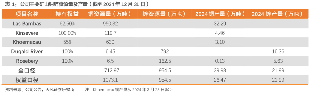 你知道公司主要矿山铜锌资源量及产量（截至 2024 年 12 月 31 日）