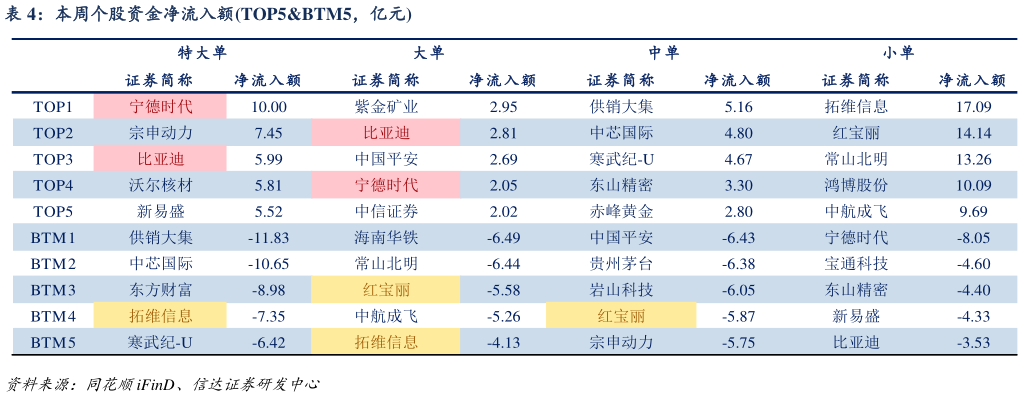 咨询大家本周个股资金净流入额TOP5BTM5,亿元?