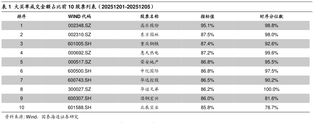 咨询下各位大买单成交金额占比前 10 股票列表（20251201-20251205）