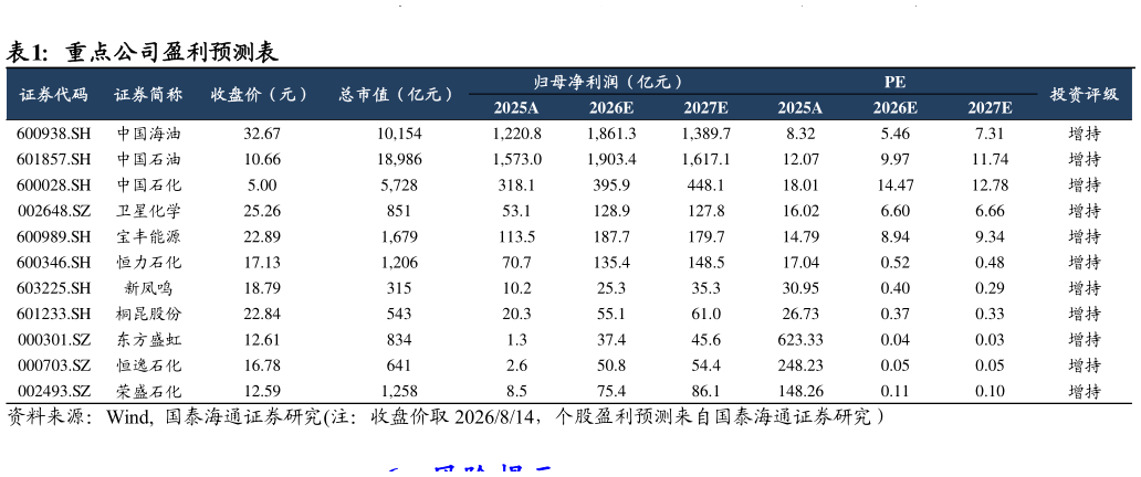 我想了解一下重点公司盈利预测表