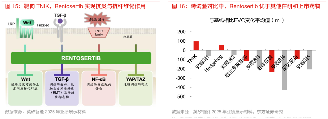 如何了解靶向 TNIK，Rentosertib 实现抗炎与抗纤维化作用 跨试验对比中，Rentosertib 优于其他在研和上市药物