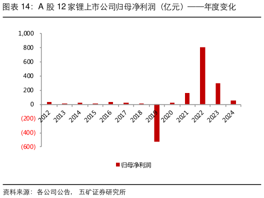 请问一下A 股 12 家锂上市公司归母净利润（亿元）年度变化