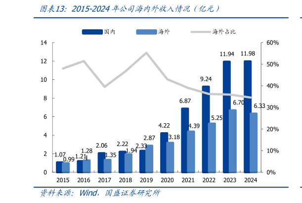 怎样理解2015-2024年公司海内外收入情况（亿元）?
