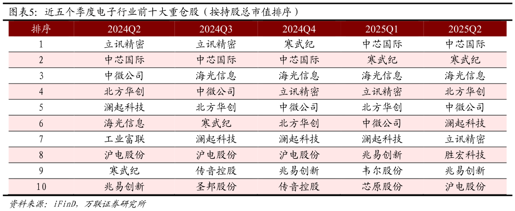 怎样理解近五个季度电子行业前十大重仓股（按持股总市值排序）?