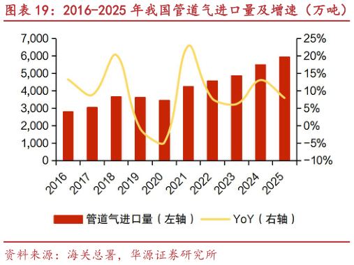 请问一下2016-2025 年我国管道气进口量及增速(万吨) 2016-2025 年我国 LNG 进口量及增速(万吨)?