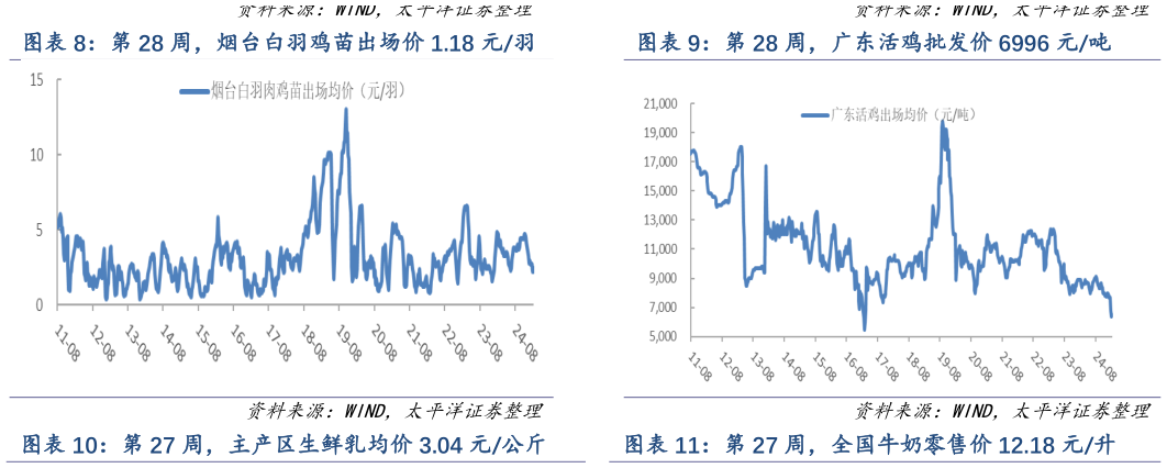 如何看待第 28 周,烟台白羽鸡苗出场价 1.18 元羽 第 28 周,广东活鸡批发价 6996 元吨 第 27 周,主产区生鲜乳均价 3.04 元公斤?
