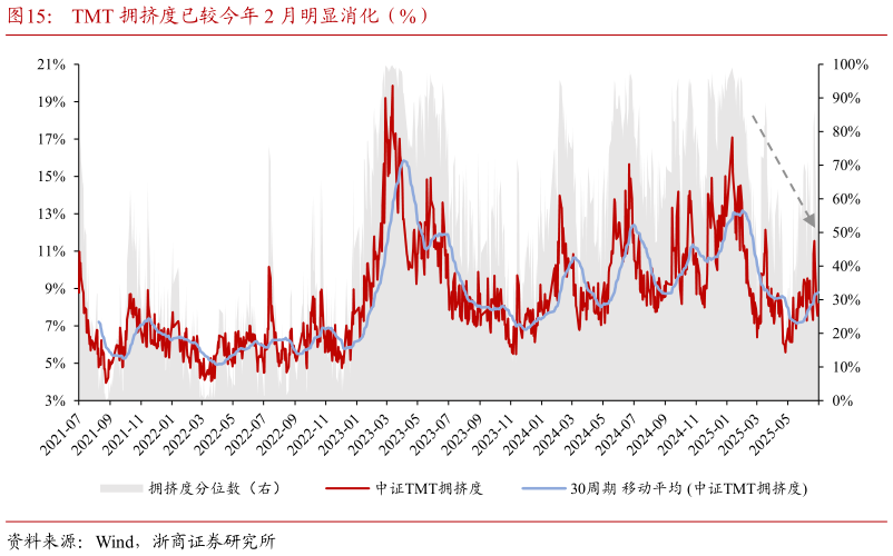 想关注一下TMT 拥挤度已较今年 2 月明显消化（%）