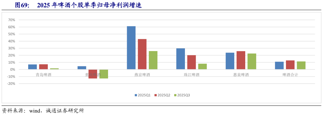 我想了解一下2025 年啤酒个股单季归母净利润增速