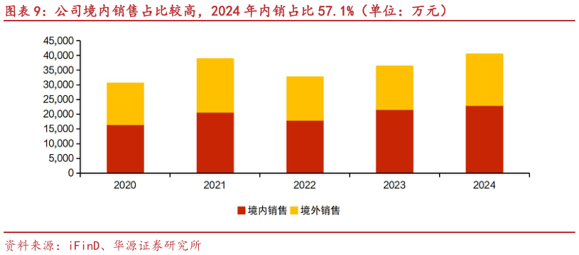 谁知道公司境内销售占比较高，2024 年内销占比 57.1%（单位：万元）
