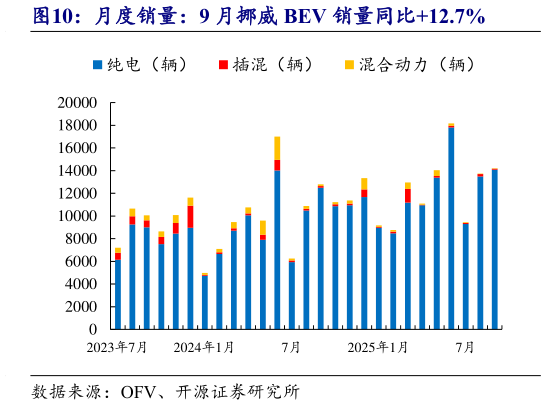 咨询下各位月度销量：9 月挪威 BEV 销量同比12.7%