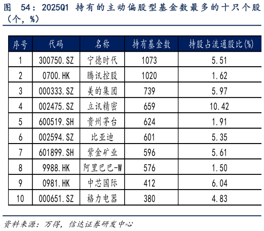 谁能回答： 2025Q1 持 有 的 主 动 偏 股 型 基 金 数 最 多 的 十 只 个 股