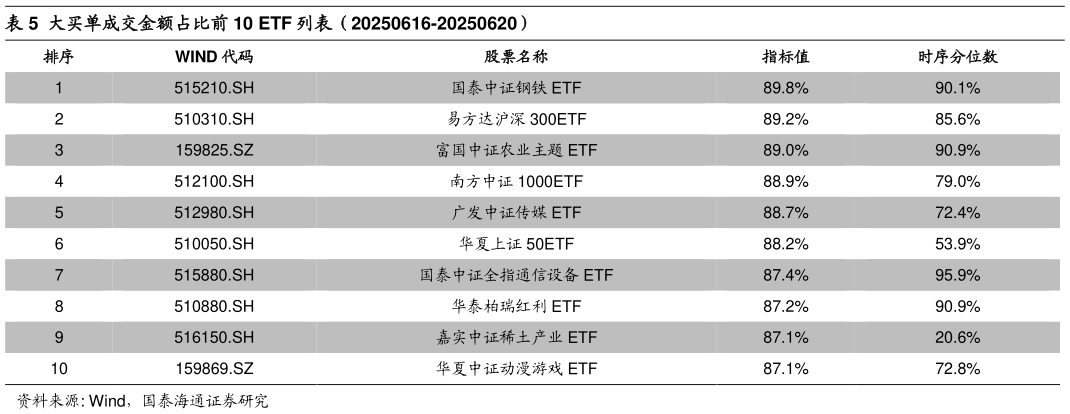 你知道大买单成交金额占比前 10 ETF 列表（20250616-20250620）