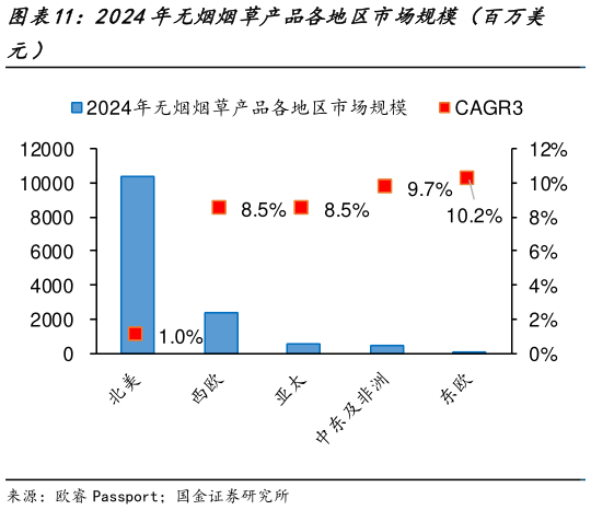 想关注一下2024年无烟烟草产品各地区市场规模（百万美