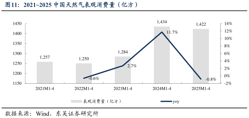 我想了解一下20212025 中国天然气表观消费量（亿方）
