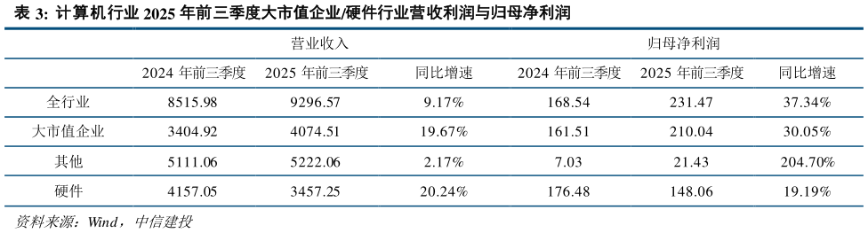 咨询下各位计算机行业 2025 年前三季度大市值企业硬件行业营收利润与归母净利润
