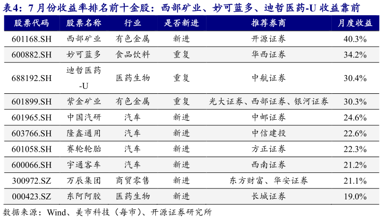 如何了解7 月份收益率排名前十金股：西部矿业、妙可蓝多、迪哲医药-U 收益靠前